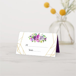 Purple Floral Gold Geometric Table Place Card