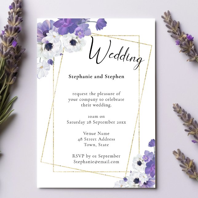 Purple Floral & Gold Geometric Wedding Invitation (Creator Uploaded)