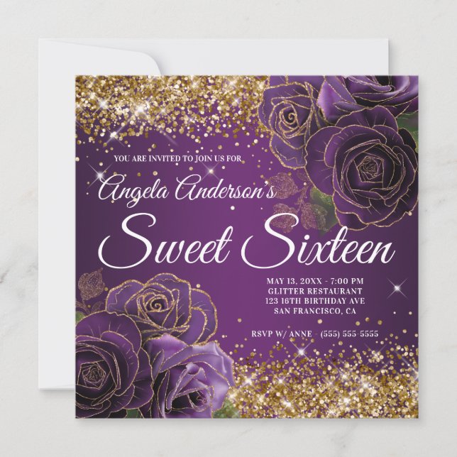 Purple Floral Gold Glitter Glam Sweet Sixteen Invitation (Front)