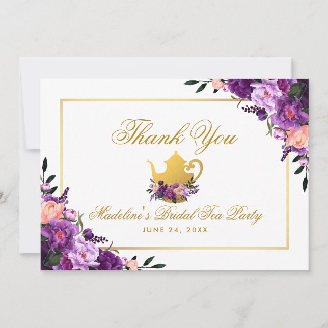 Purple Floral Gold Thank You Bridal Tea Party (Front)