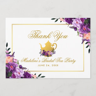 Purple Floral Gold Thank You Bridal Tea Party Card