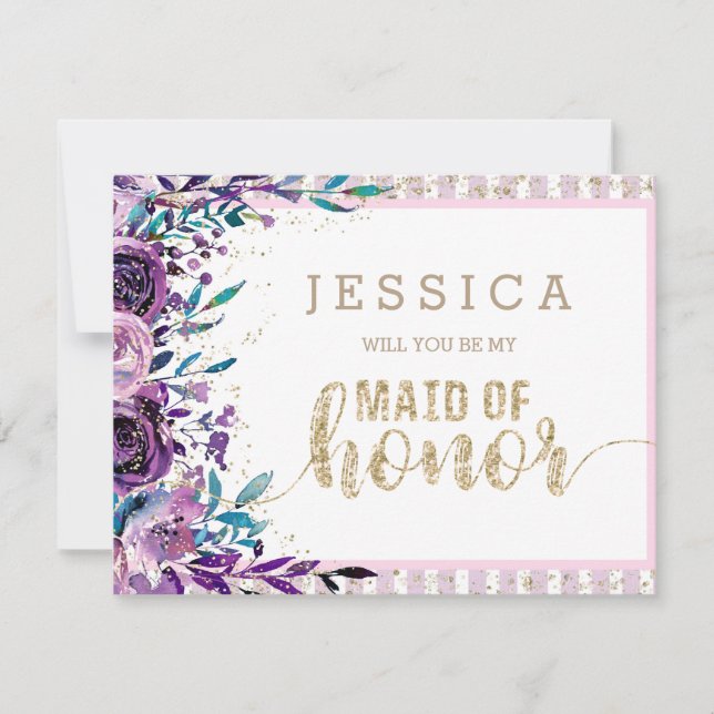 Purple Floral & Gold Will You Be My Maid of Honour Invitation (Front)