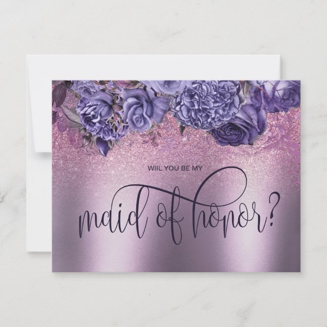 Purple Floral Gothic will you be my maid of honour Invitation (Front)