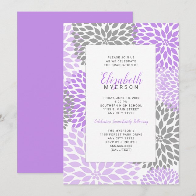 Purple Floral Graduation celebration invitations (Front/Back)