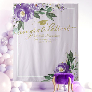Purple Floral Graduation Party Photo Backdrop Tapestry