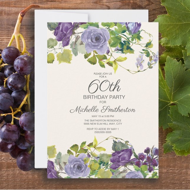 Purple Floral Green Leaves 60th Birthday Invitation (Elegant purple watercolor floral and vines 60th birthday party invitation)