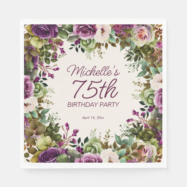 Purple Floral Green Leaves 75th Birthday Napkin (Front)