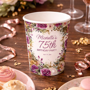 Purple Floral Green Leaves 75th Birthday Paper Cups