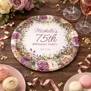 Purple Floral Green Leaves 75th Birthday Paper Plate