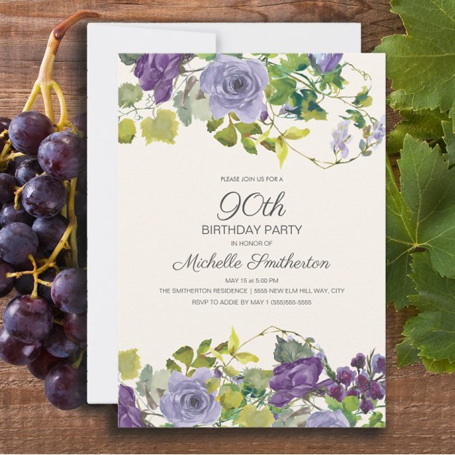 Purple Floral Green Leaves 90th Birthday Invitation (Purple floral and vines 90th birthday party invitation)