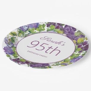 Purple Floral Green Leaves Vines 95th Birthday Paper Plate