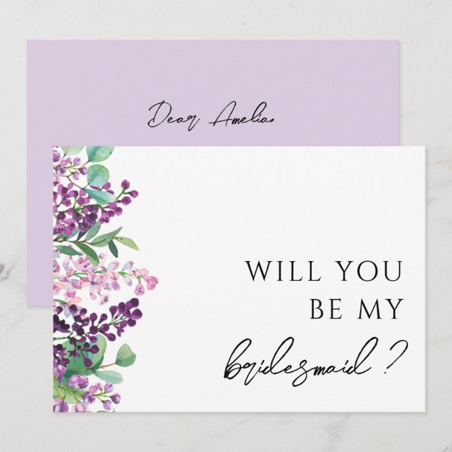 Purple Floral Greenery Bridesmaid Proposal Card (Front/Back)