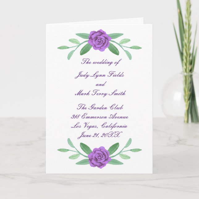 Purple Floral Greenery Foliage Programme de mariag (Devant)