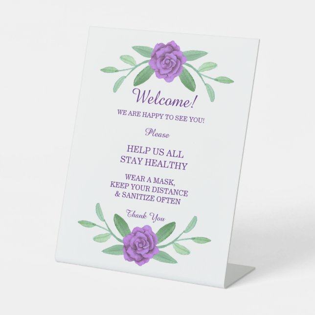 Purple Floral Greenery Foliage Wedding Safety Pedestal Sign (Front)