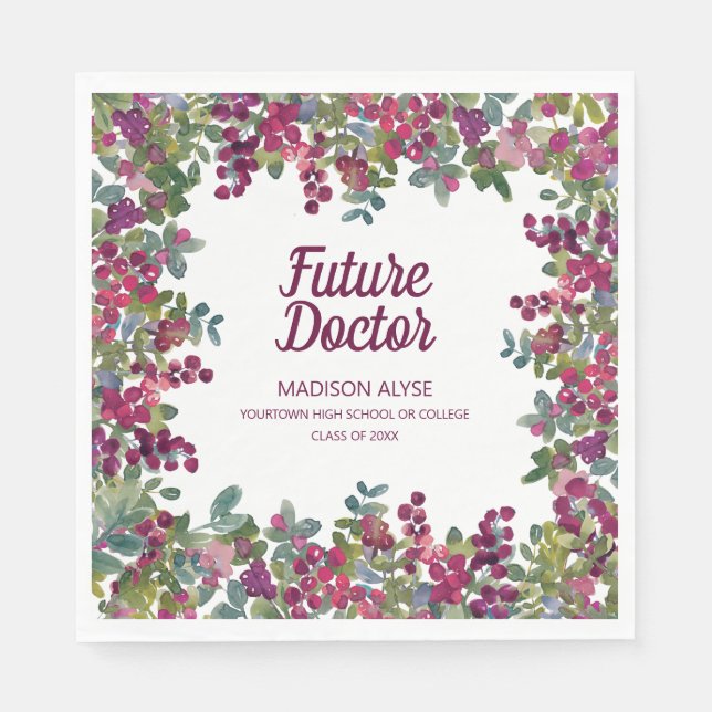 Purple Floral Greenery Future Doctor Graduation Napkin (Front)
