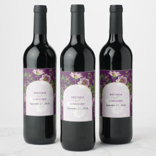 Purple Floral Greenery Gold Arch Wedding  Wine Label