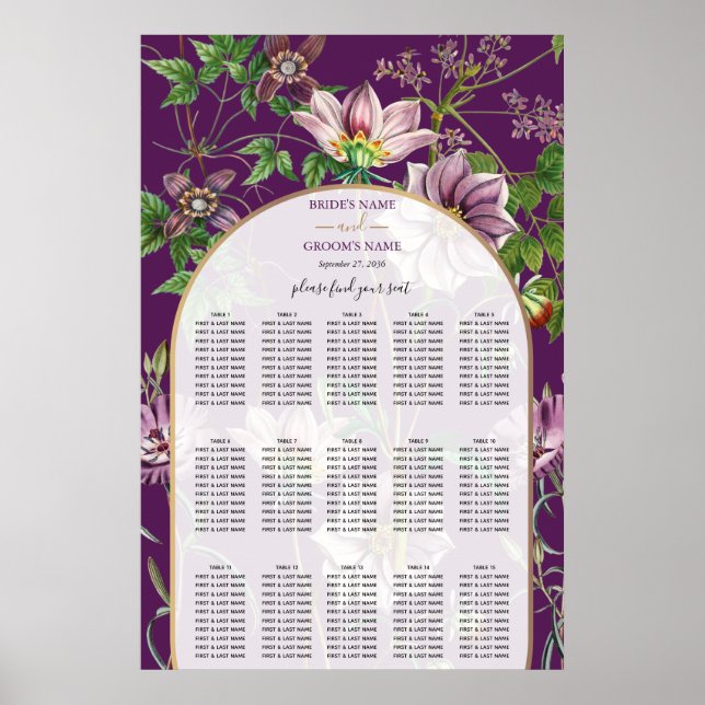 Purple Floral Greenery Gold Wedding Seating Chart (Front)