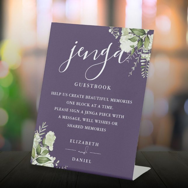 Purple Floral Greenery Jenga Wedding Guestbook Pedestal Sign (Purple Floral Greenery Jenga Wedding Guestbook Pedestal Sign)