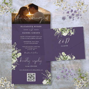 Purple Floral Greenery QR Code Wedding Photo All In One Invitation