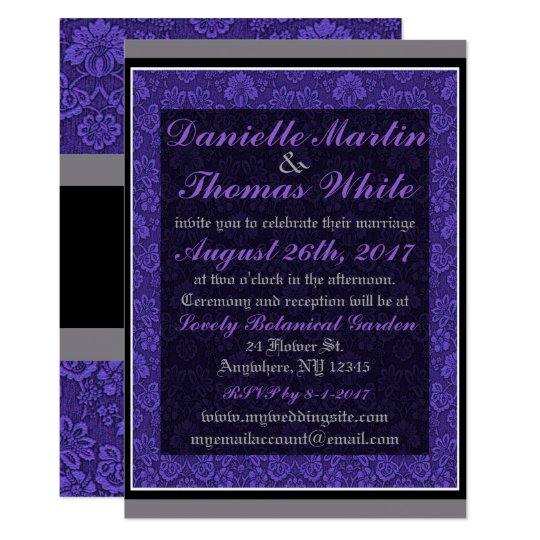 Purple Floral Grey Black Wedding Invitation