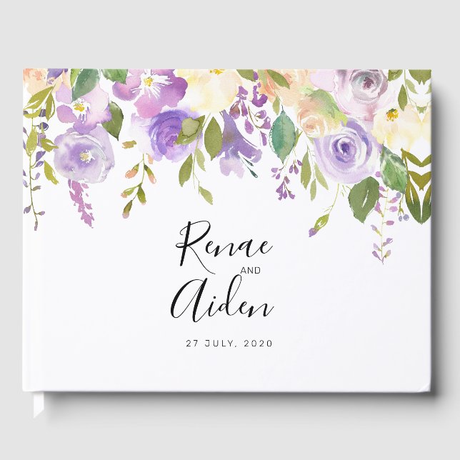 Purple floral guest book, mauve wedding guest book (Front)