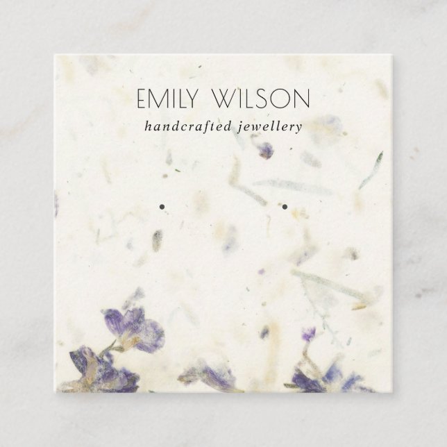 Purple Floral Handmade Paper Stud Earring Display Square Business Card (Front)