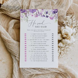 Purple floral He said she said bridal shower game