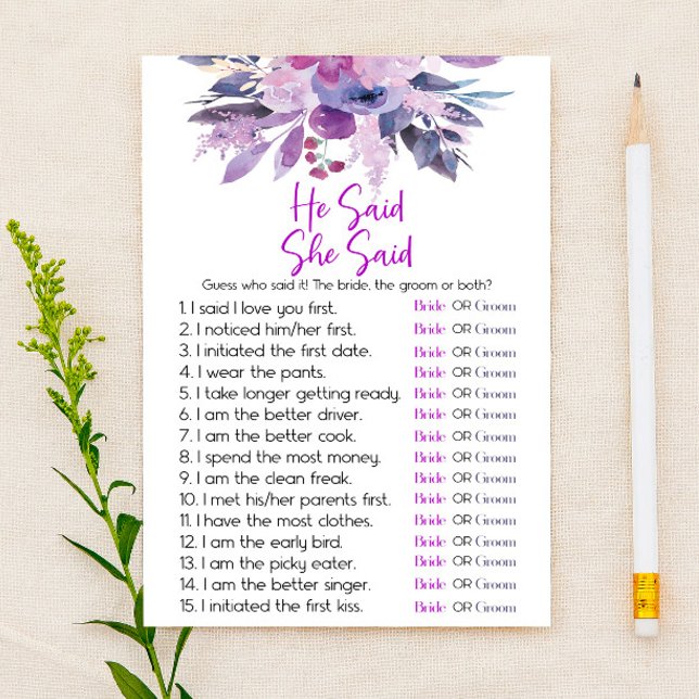 Purple Floral He Said She Said Bridal Shower Game Stationery (Creator Uploaded)