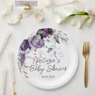 Purple Floral Heart Elegant Baby Shower Paper Plate