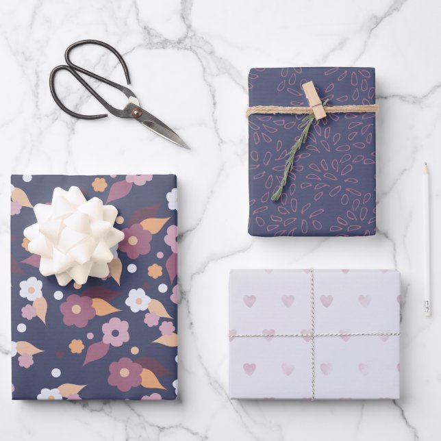 Purple Floral Hearts Mix and Match Wrapping Paper Sheet (Front)