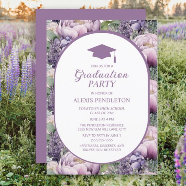Purple Floral High School Graduation Cap Invitation (Purple floral graduation party invitation)