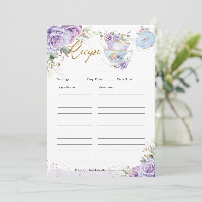 Purple Floral High Tea Party Bring Recipe Card (Standing Front)