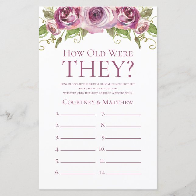 Purple Floral How Old Were They Bridal Shower Game (Front)