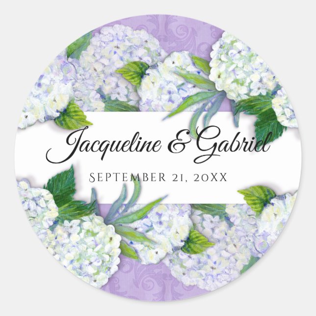 Purple Floral Hydrangea  Damask Pattern Wedding Classic Round Sticker (Front)