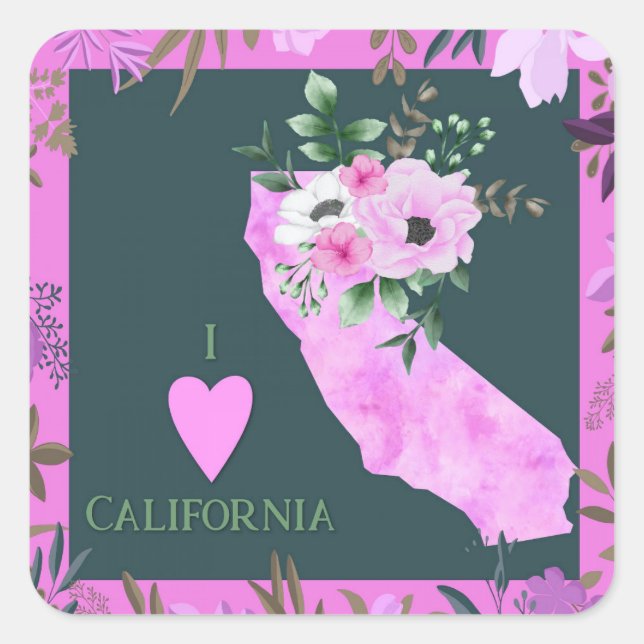 Purple Floral I Love California State Map Square Sticker (Front)