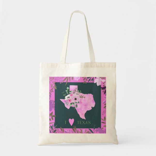 Purple Floral I Love Texas State Map Tote Bag (Front)