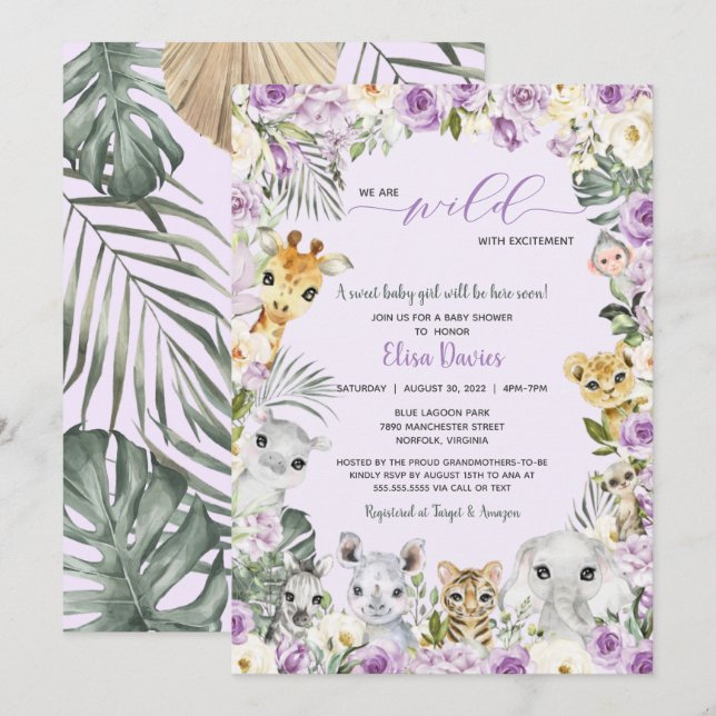 Purple Floral Jungle Safari Animals Baby Shower In Invitation (Front/Back)