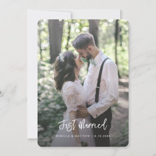 Purple Floral Just Married Script Wedding Photo Holiday Card (Front)