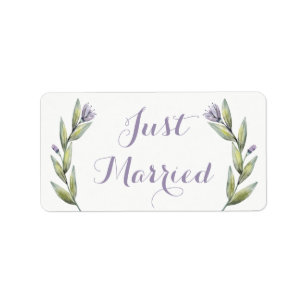 Purple Floral Just Married Wedding Flowers Label
