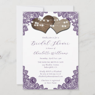 Purple Floral Lace Burlap Hearts Bridal Shower Invitation