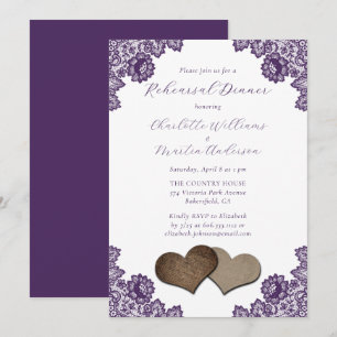 Purple Floral Lace Burlap Hearts Rehearsal Dinner Invitation