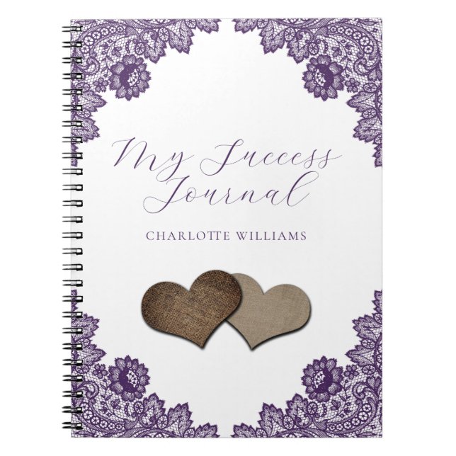 Purple Floral Lace Burlap Hearts Rustic Notebook (Front)