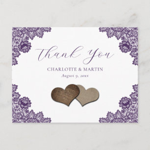 Purple Floral Lace Burlap Hearts Wedding Thank You Postcard