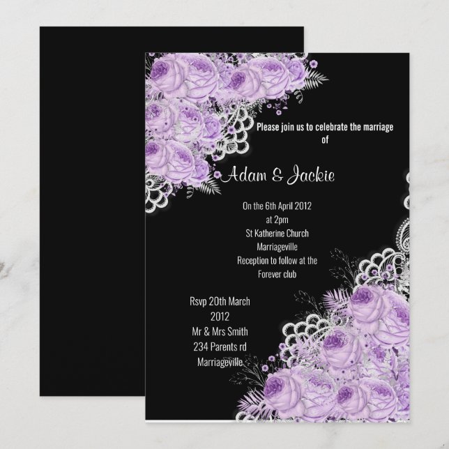 PURPLE Floral LACE ELEGANT MODERN WEDDING BLACK Invitation (Front/Back)