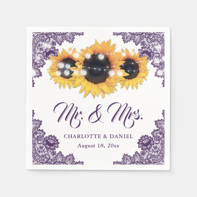 Purple Floral Lace Sunflower Wedding Napkin (Front)