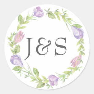 Purple floral leafy wedding personalized stickers