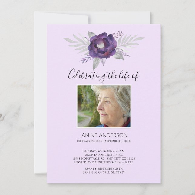 Purple Floral Life Célébration photo Invitation (Devant)