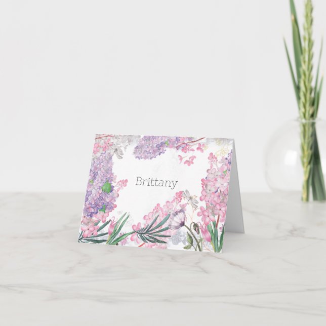 Purple Floral Lilac Personalized Note Card (Front)