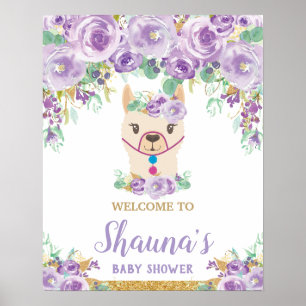 Purple Floral Llama Baby shower Affiche de bienven