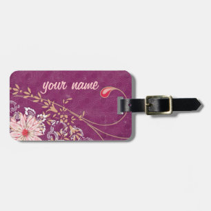 Purple Floral Luggage Tag w/ leather strap